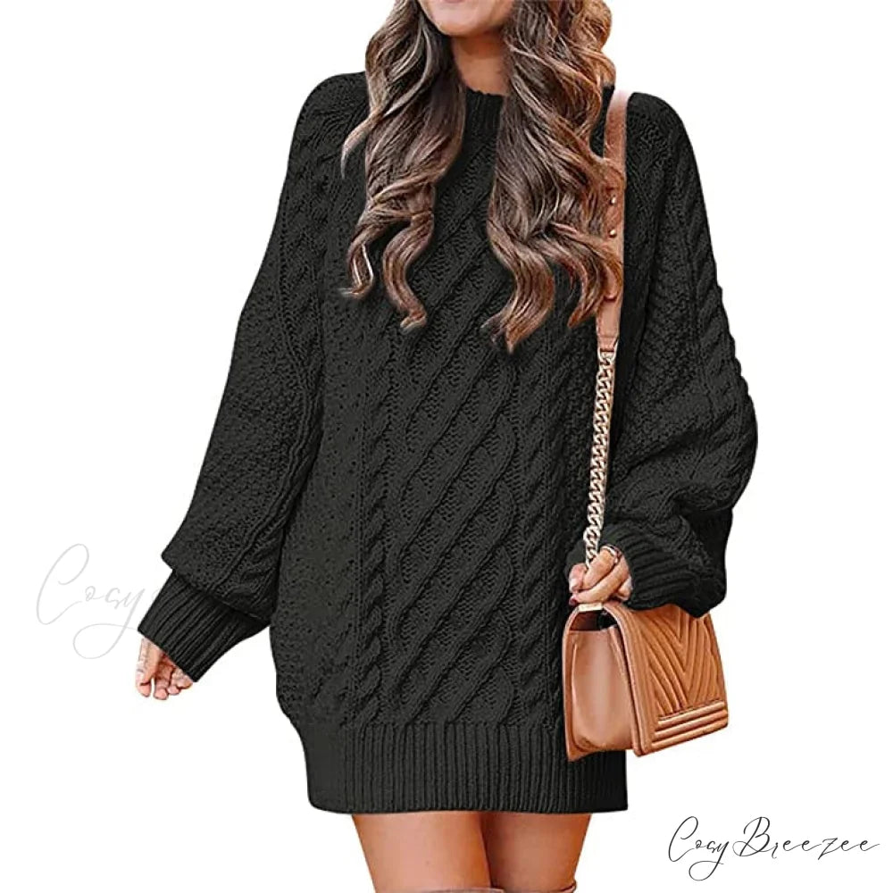 Women’s Crewneck Cable Knit Chunky Pullover Sweater Dress Black / S