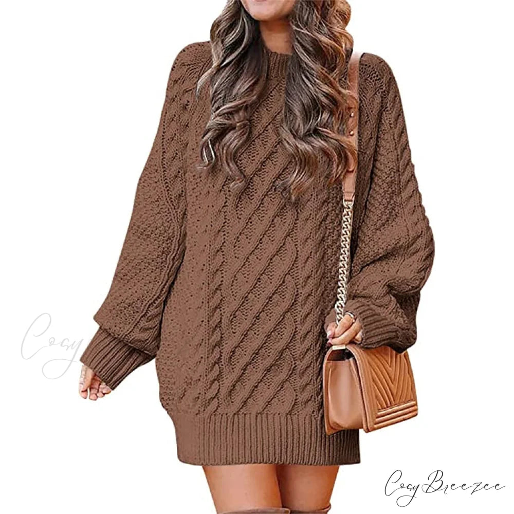 Women’s Crewneck Cable Knit Chunky Pullover Sweater Dress Brown / S
