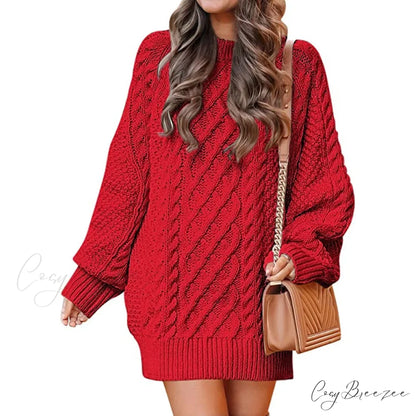 Women’s Crewneck Cable Knit Chunky Pullover Sweater Dress Red / S