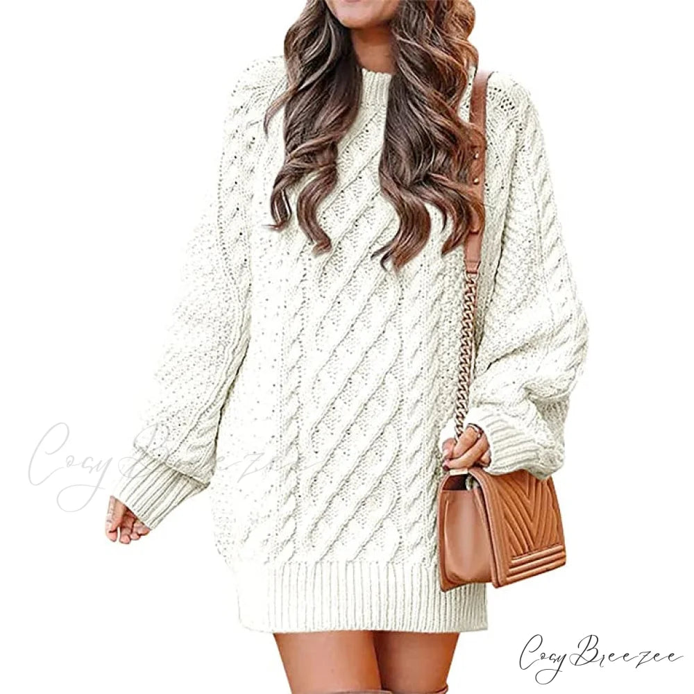 Women’s Crewneck Cable Knit Chunky Pullover Sweater Dress White / S