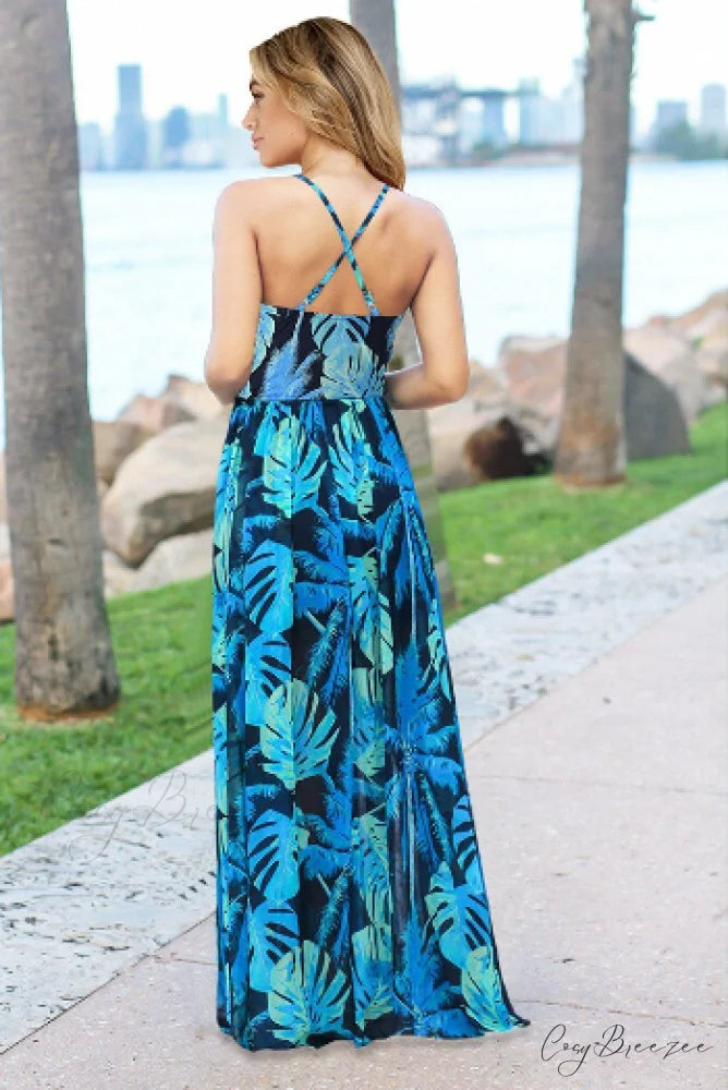 Women’s Deep V Neck Floral Print Beach Sling Maxi Dress S / GREEN