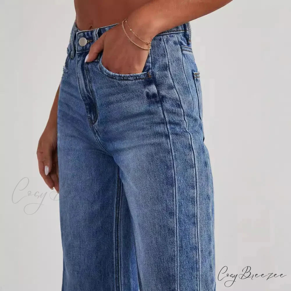 Women’s Denim High Waist Fashion Wide Leg Pants Trousers Autumn Tide Straight Pants De Mujer Frayed Hem Jeans