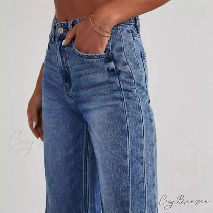 Women’s Denim High Waist Fashion Wide Leg Pants Trousers Autumn Tide Straight Pants De Mujer Frayed Hem Jeans