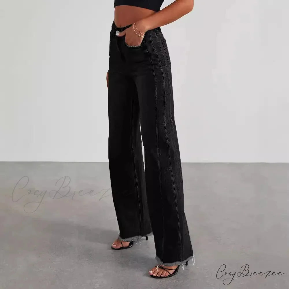 Women’s Denim High Waist Fashion Wide Leg Pants Trousers Autumn Tide Straight Pants De Mujer Frayed Hem Jeans