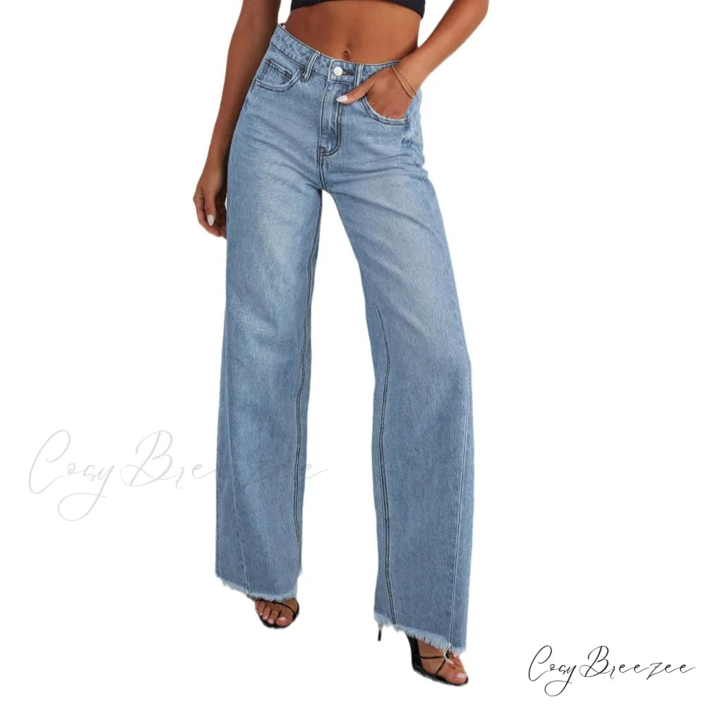 Women’s Denim High Waist Fashion Wide Leg Pants Trousers Autumn Tide Straight Pants De Mujer Frayed Hem Jeans