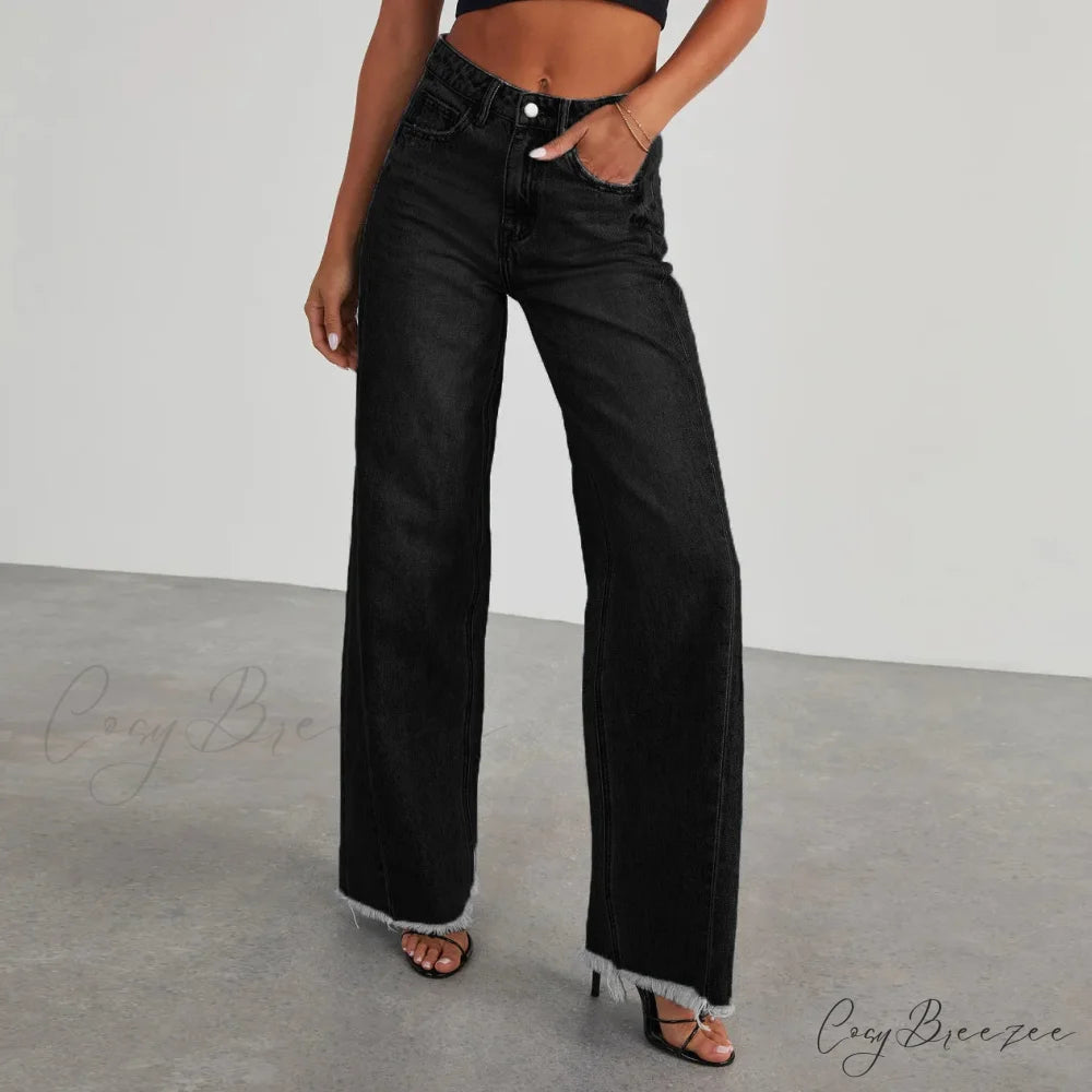 Women’s Denim High Waist Fashion Wide Leg Pants Trousers Autumn Tide Straight Pants De Mujer Frayed Hem Jeans Black / S