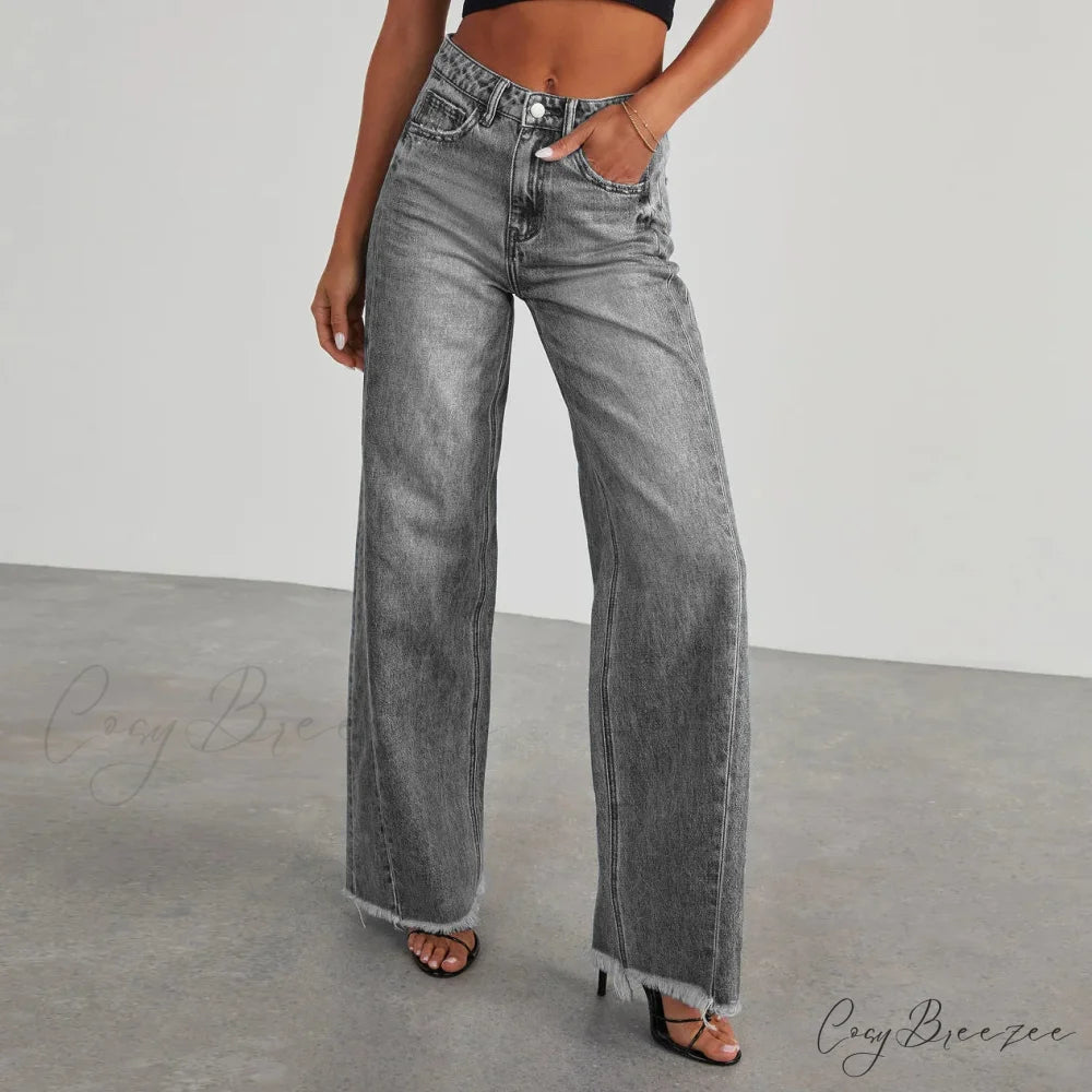 Women’s Denim High Waist Fashion Wide Leg Pants Trousers Autumn Tide Straight Pants De Mujer Frayed Hem Jeans Grey / S