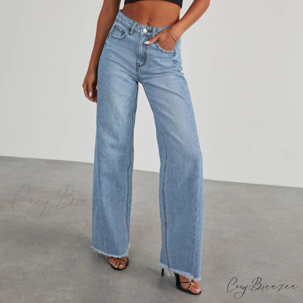 Women’s Denim High Waist Fashion Wide Leg Pants Trousers Autumn Tide Straight Pants De Mujer Frayed Hem Jeans Light
