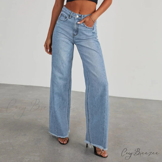 Women’s Denim High Waist Fashion Wide Leg Pants Trousers Autumn Tide Straight Pants De Mujer Frayed Hem Jeans Light