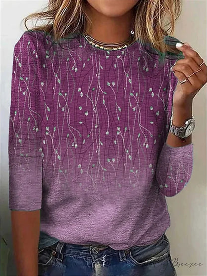 Women’s Design Flowered Festive Long Flowered Blue Arm Weekend Casual - T-shirt Painting Fuchsia / S