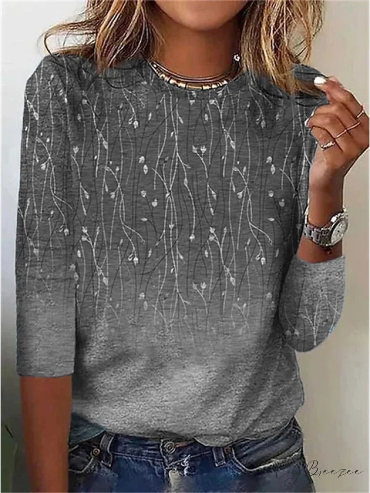 Women’s Design Flowered Festive Long Flowered Blue Arm Weekend Casual - T-shirt Painting Gray / S