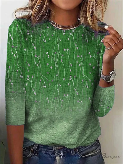 Women’s Design Flowered Festive Long Flowered Blue Arm Weekend Casual - T-shirt Painting Green / S