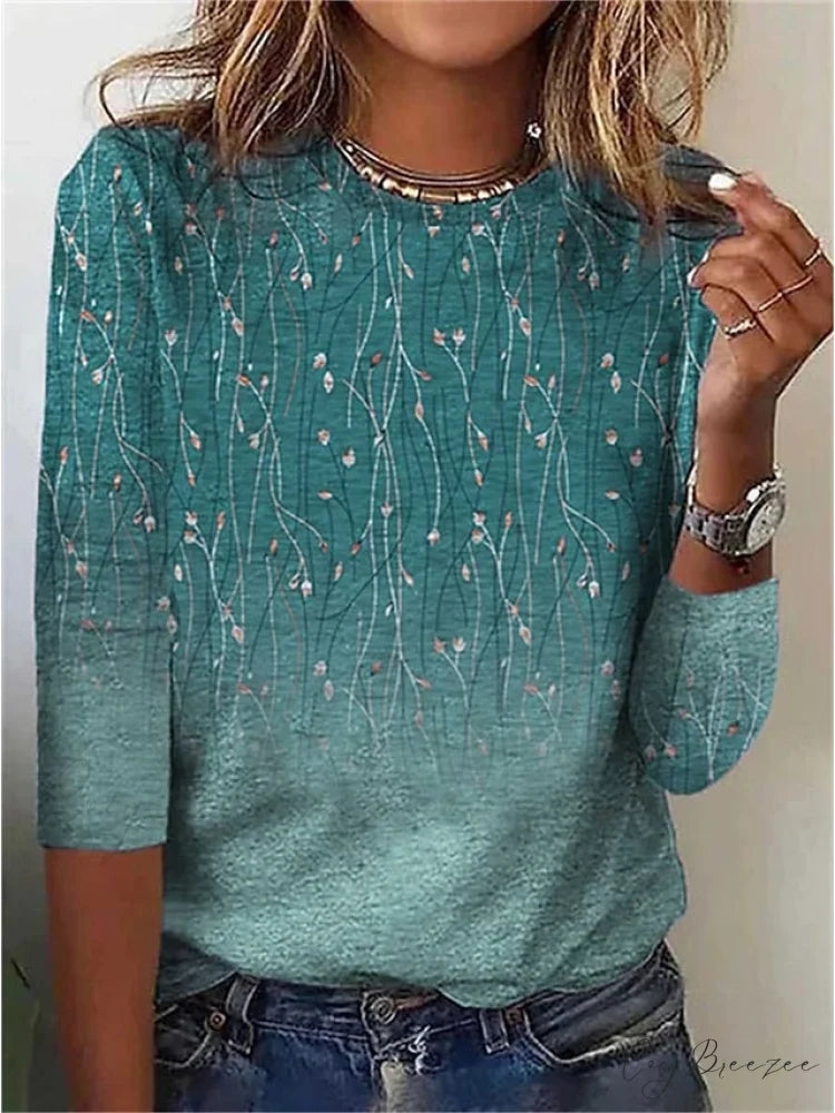 Women’s Design Flowered Festive Long Flowered Blue Arm Weekend Casual - T-shirt Painting Light Blue / S