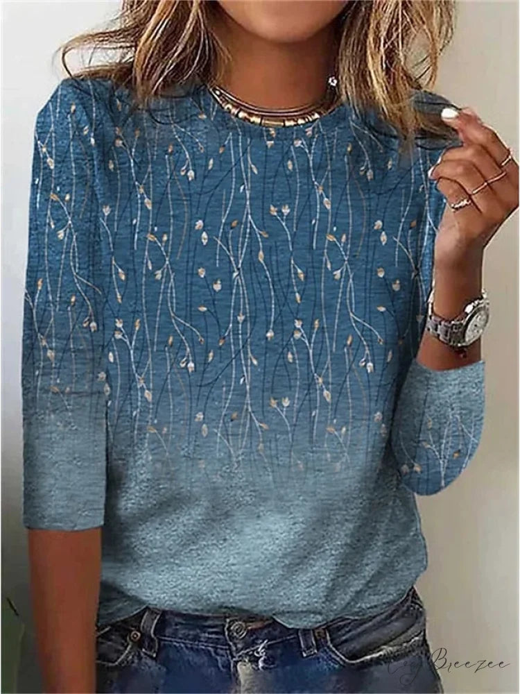 Women’s Design Flowered Festive Long Flowered Blue Arm Weekend Casual - T-shirt Painting Blue / S