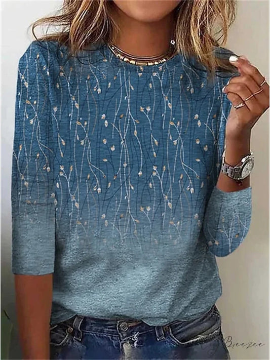 Women’s Design Flowered Festive Long Flowered Blue Arm Weekend Casual - T-shirt Painting Blue / S