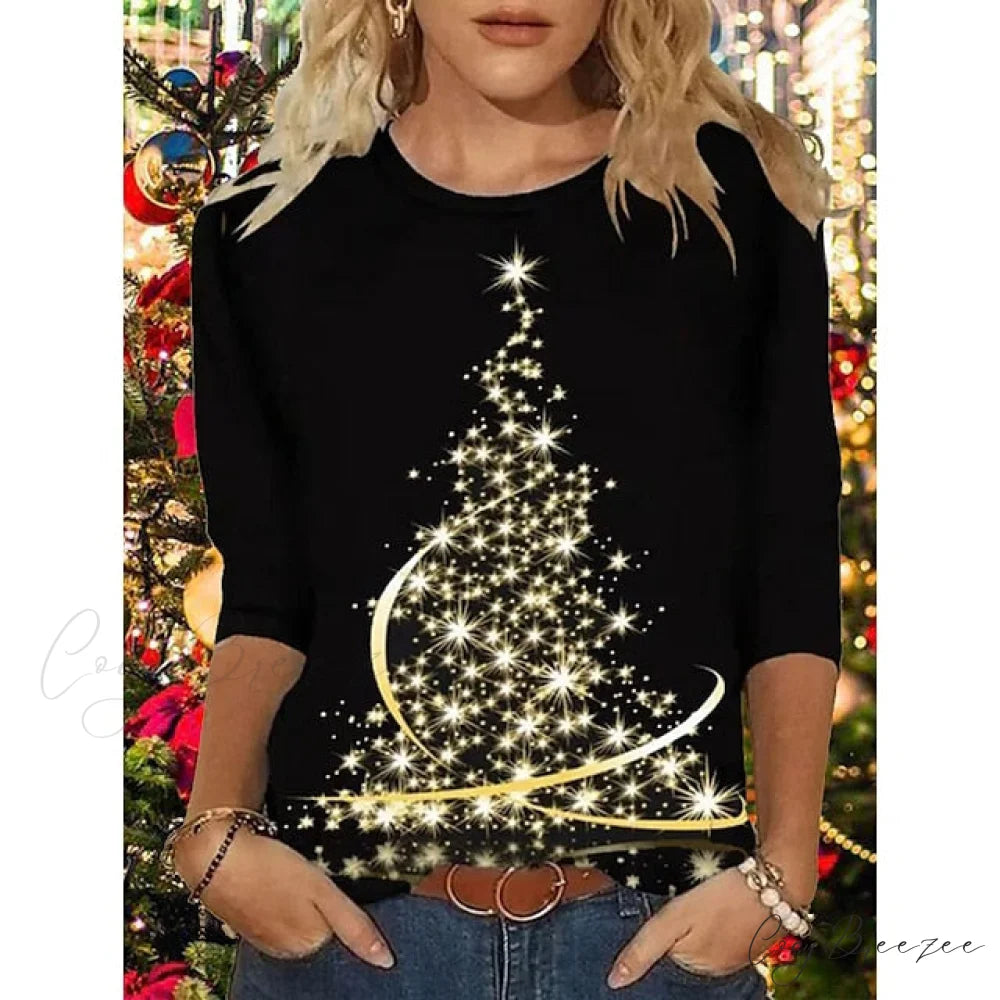 Women’s Design Neck Round Festive Long Red Flowered Peacock Green Arm Tree Christmas Casual Blue Brick Dark Shirt Black