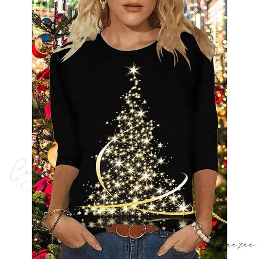 Women’s Design Neck Round Festive Long Red Flowered Peacock Green Arm Tree Christmas Casual Blue Brick Dark Shirt Black