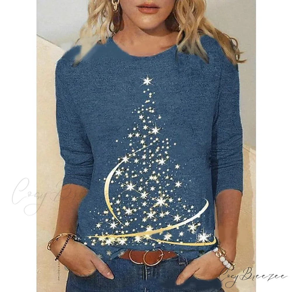 Women’s Design Neck Round Festive Long Red Flowered Peacock Green Arm Tree Christmas Casual Blue Brick Dark Shirt