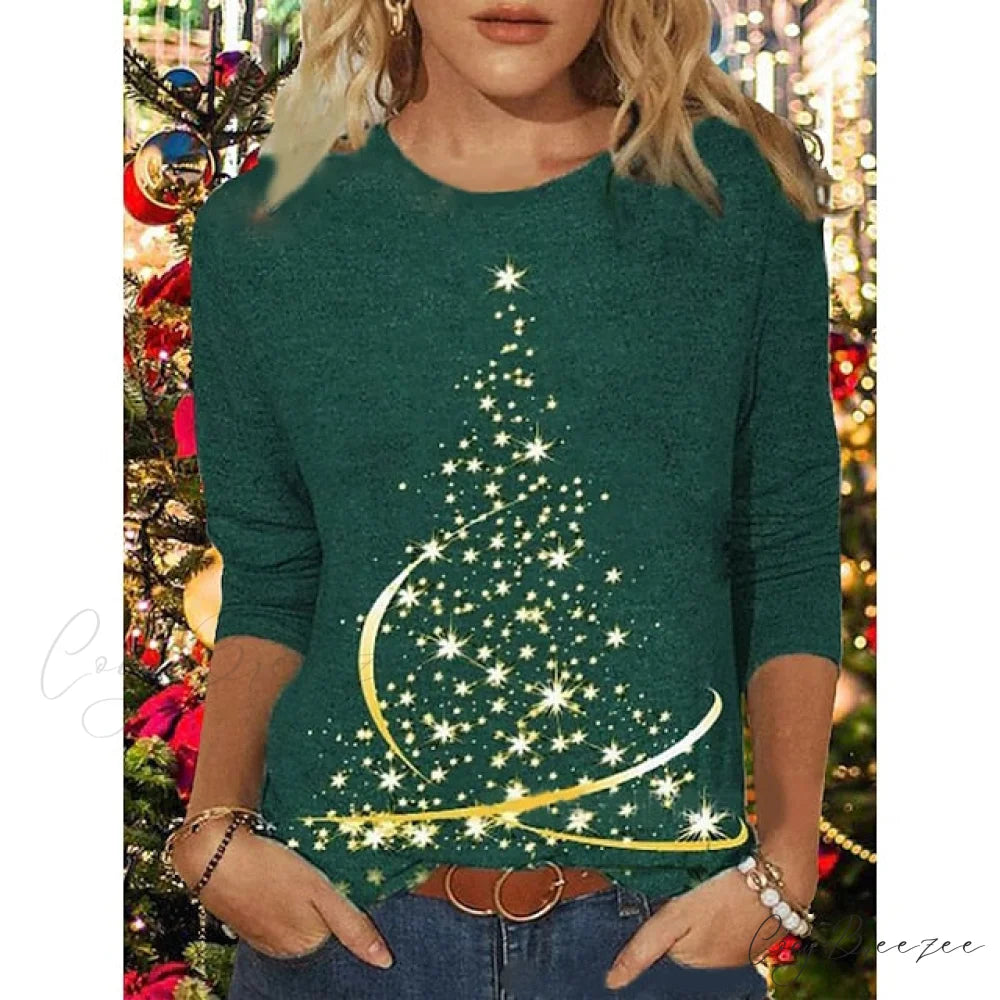 Women’s Design Neck Round Festive Long Red Flowered Peacock Green Arm Tree Christmas Casual Blue Brick Dark Shirt Dark