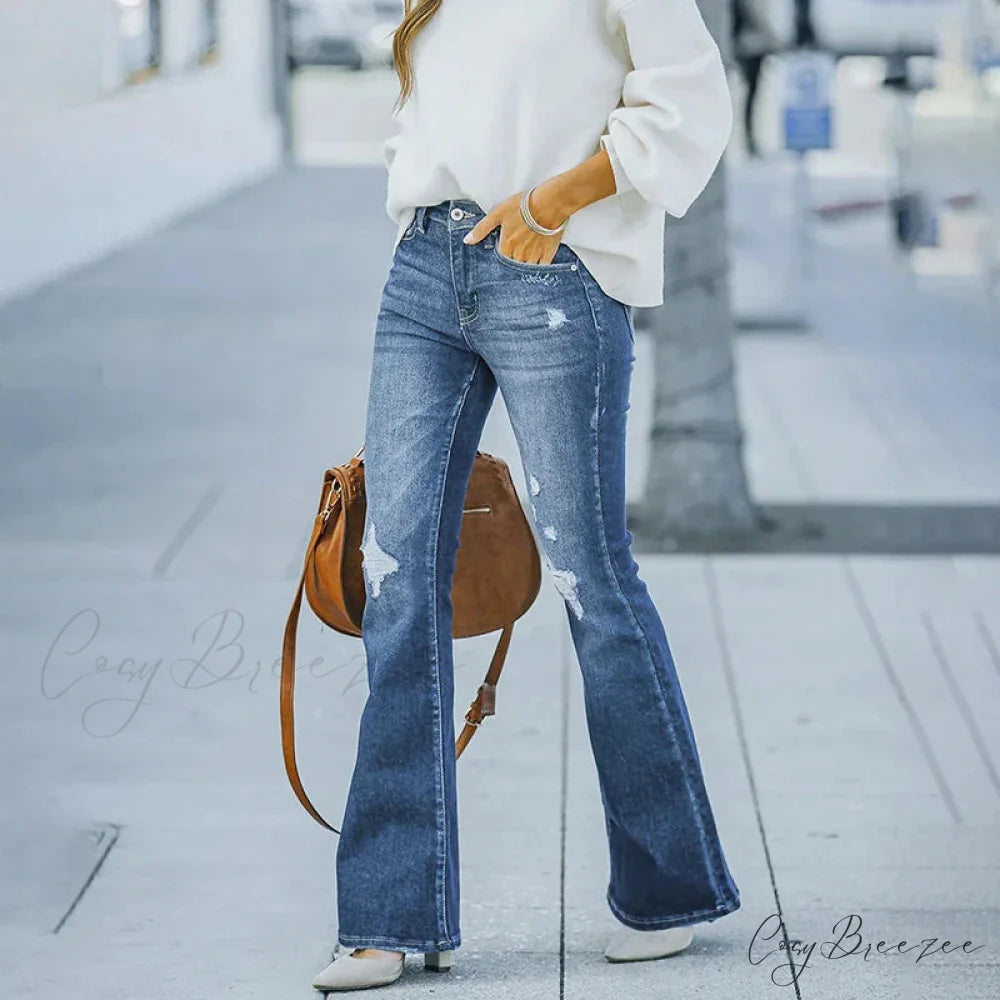 Women’s Flare Stretch Vintage Fashion Streetwear Ripped Casual High Waist Full Length Slim Jean