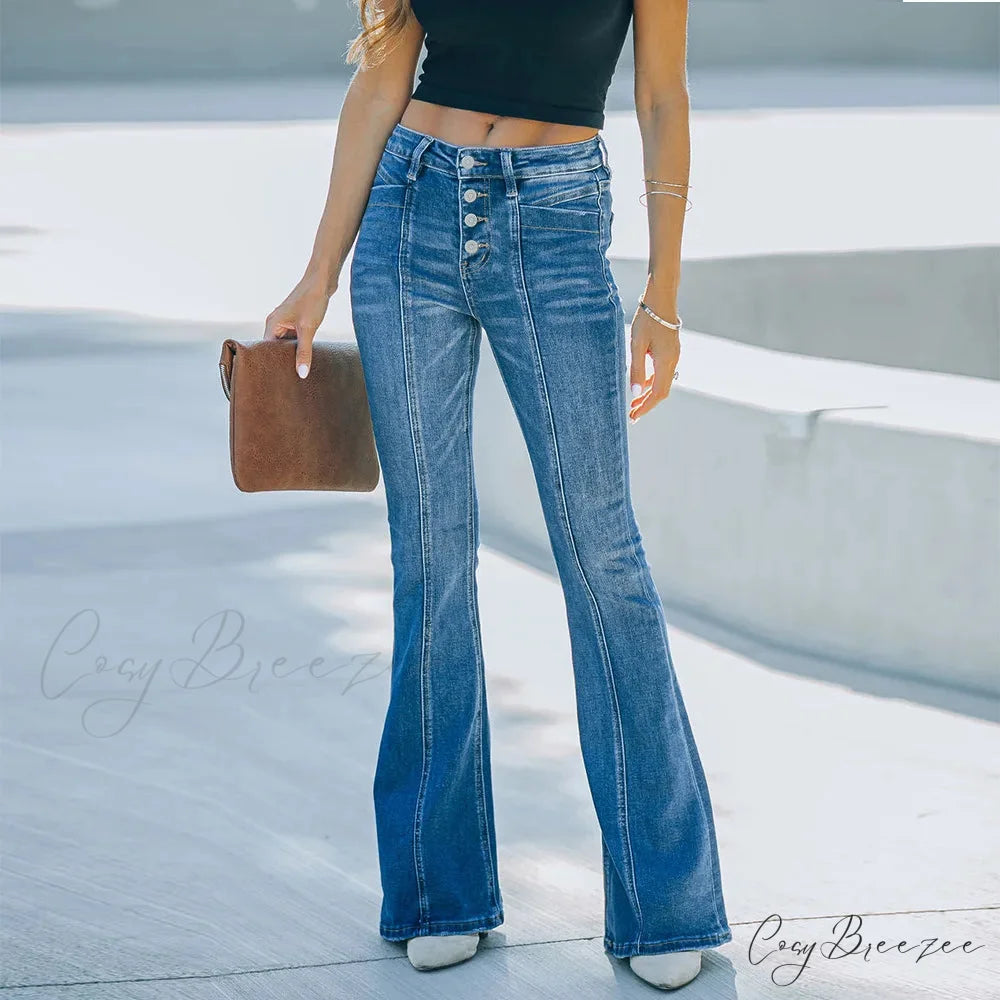 Women’s Flared Patchwork Vintage Fashion Stretch High Waist Casual Slim Streetwear Wide Leg Flare Jean