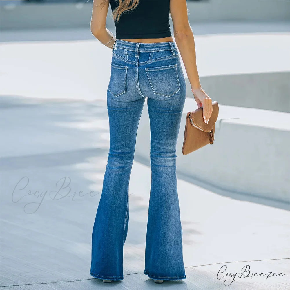 Women’s Flared Patchwork Vintage Fashion Stretch High Waist Casual Slim Streetwear Wide Leg Flare Jean