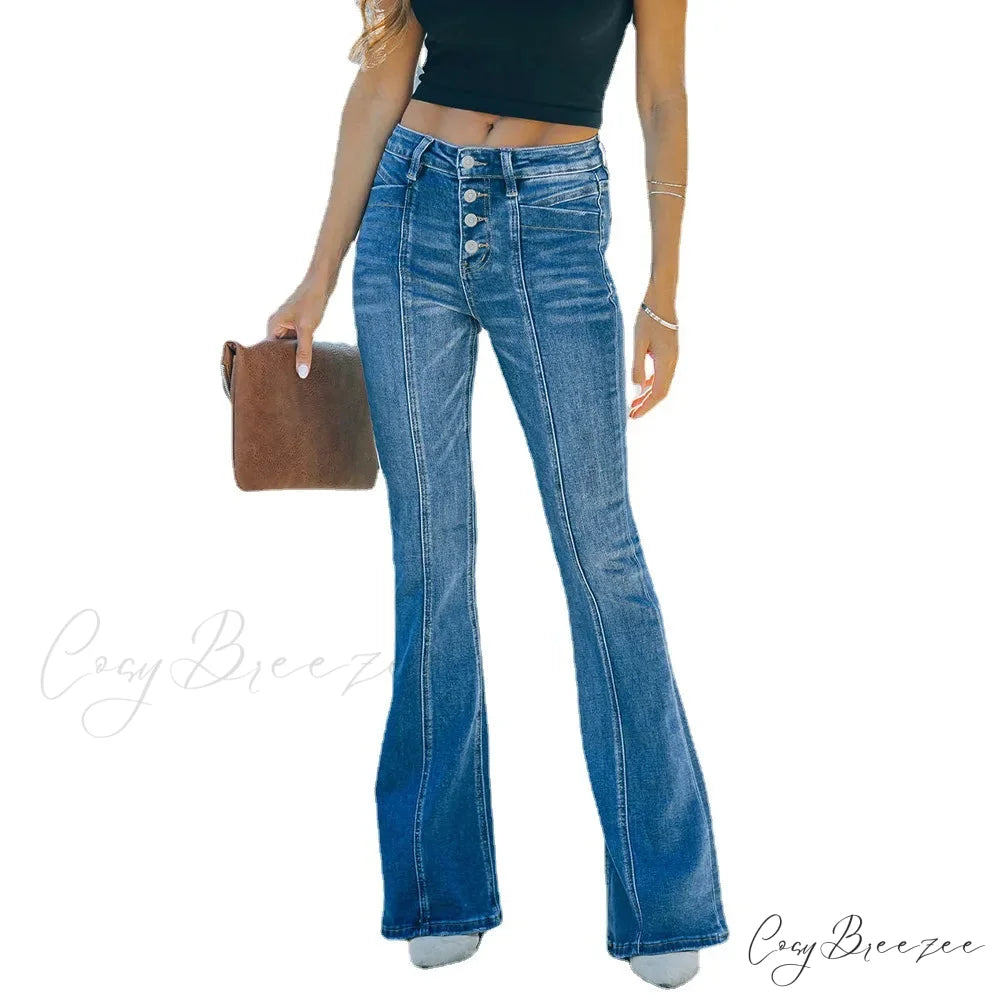 Women’s Flared Patchwork Vintage Fashion Stretch High Waist Casual Slim Streetwear Wide Leg Flare Jean