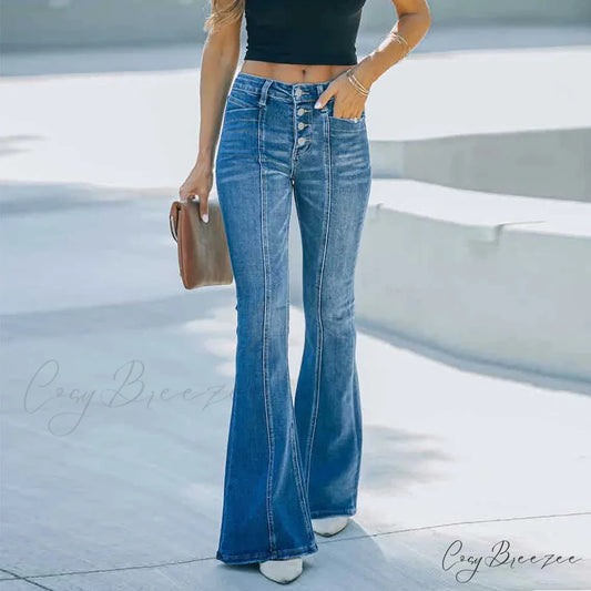 Women’s Flared Patchwork Vintage Fashion Stretch High Waist Casual Slim Streetwear Wide Leg Flare Jean Blue / S