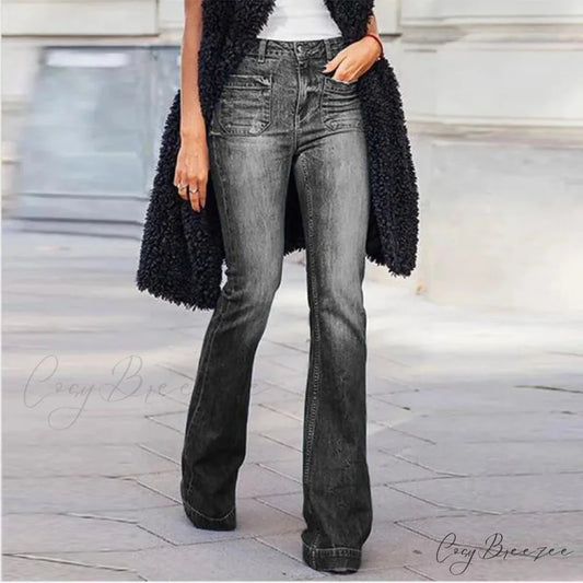 Women’s Flared Stretch Fashion High Waist Vintage Casual Full Length Slim Streetwear Wide Leg Flare Jean Black / S