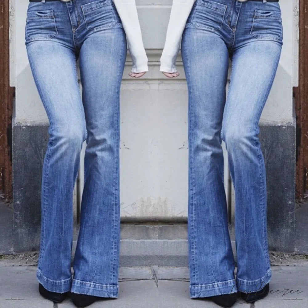 Women’s Flared Stretch Fashion High Waist Vintage Casual Full Length Slim Streetwear Wide Leg Flare Jean Blue / S