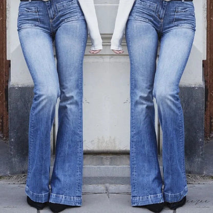 Women’s Flared Stretch Fashion High Waist Vintage Casual Full Length Slim Streetwear Wide Leg Flare Jean Blue / S