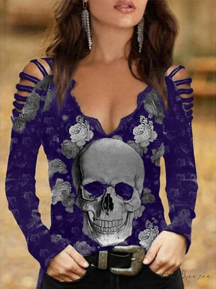 Women’s Flowered Off Skull Design Arm Black Painting Regular Cut Out Going Shoulder Blouse Burgundy Tops Neck Basic Tee