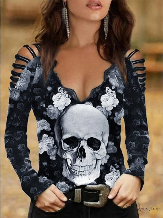 Women’s Flowered Off Skull Design Arm Black Painting Regular Cut Out Going Shoulder Blouse Burgundy Tops Neck Basic Tee