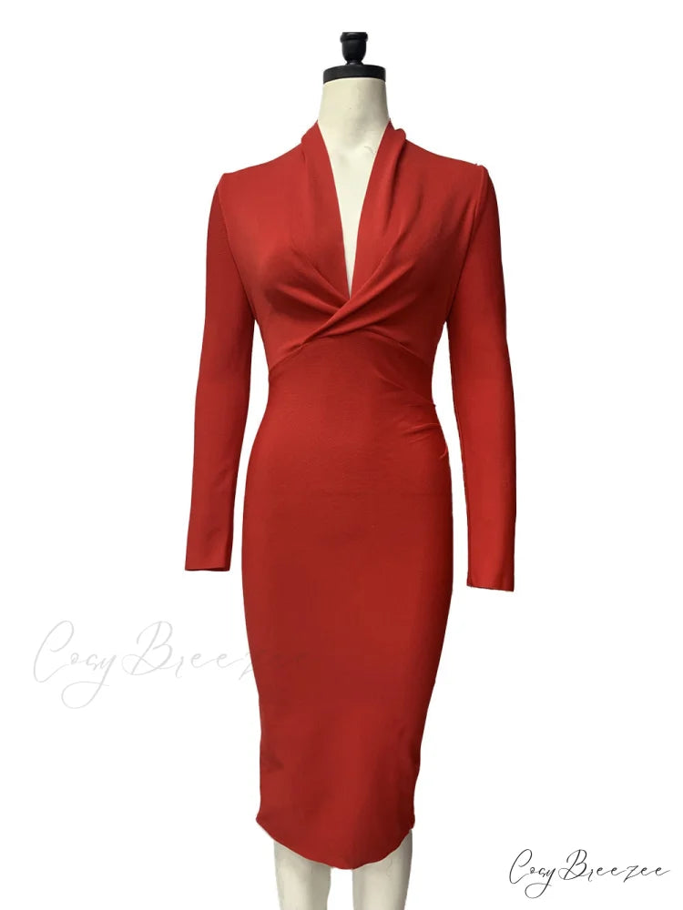 Women’s Full Gown Celebrity Club Gown - V Bodycon Warm-Season Vestidos Deep Bandage Evening Neck with for Sleeves Party