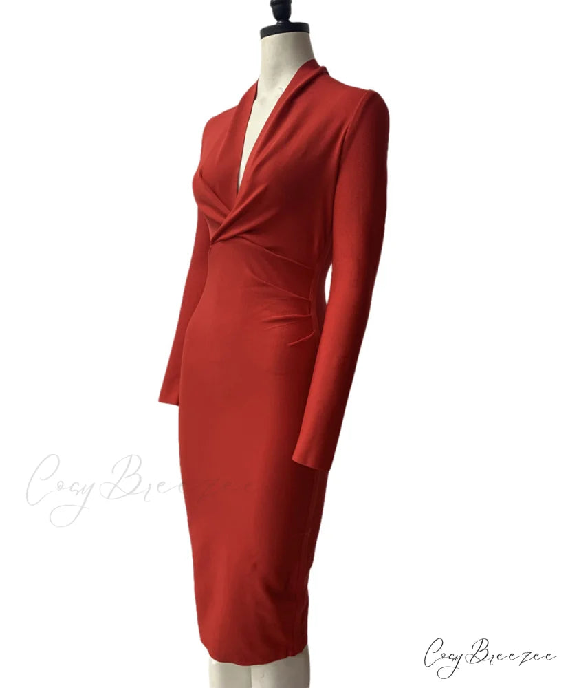 Women’s Full Gown Celebrity Club Gown - V Bodycon Warm-Season Vestidos Deep Bandage Evening Neck with for Sleeves Party