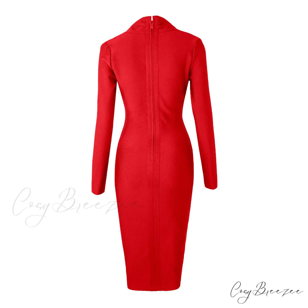 Women’s Full Gown Celebrity Club Gown - V Bodycon Warm-Season Vestidos Deep Bandage Evening Neck with for Sleeves Party