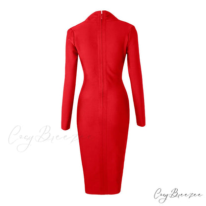 Women’s Full Gown Celebrity Club Gown - V Bodycon Warm-Season Vestidos Deep Bandage Evening Neck with for Sleeves Party