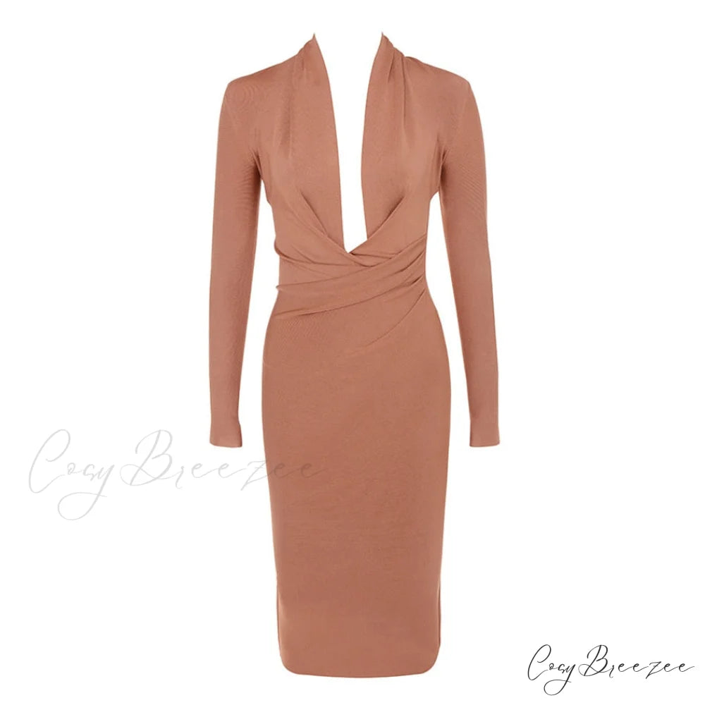 Women’s Full Gown Celebrity Club Gown - V Bodycon Warm-Season Vestidos Deep Bandage Evening Neck with for Sleeves Party