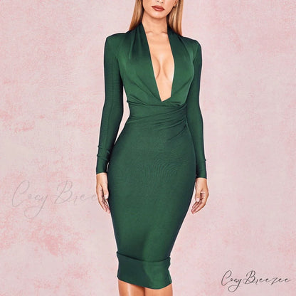 Women’s Full Gown Celebrity Club Gown - V Bodycon Warm-Season Vestidos Deep Bandage Evening Neck with for Sleeves Party