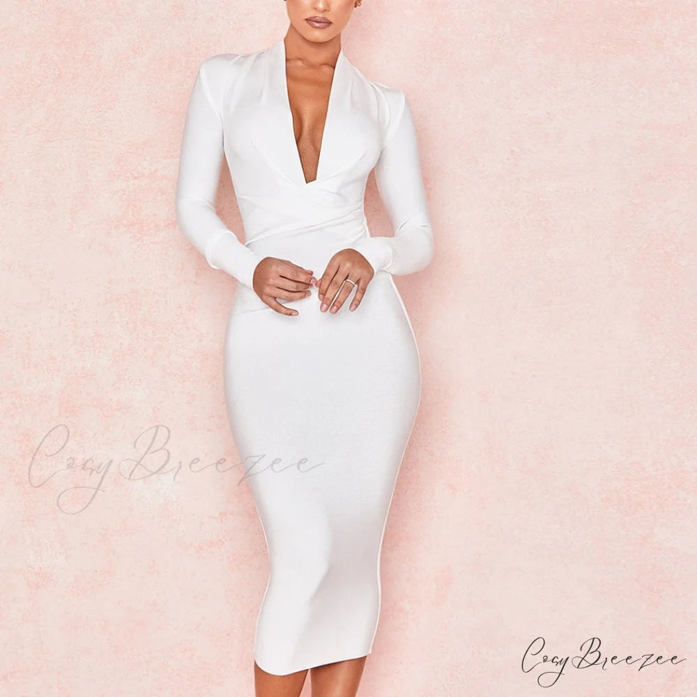 Women’s Full Gown Celebrity Club Gown - V Bodycon Warm-Season Vestidos Deep Bandage Evening Neck with for Sleeves Party