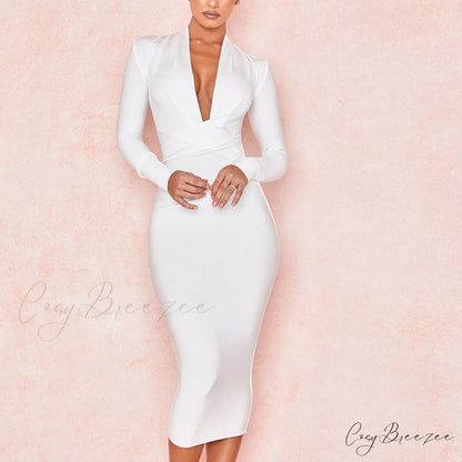 Women’s Full Gown Celebrity Club Gown - V Bodycon Warm-Season Vestidos Deep Bandage Evening Neck with for Sleeves Party