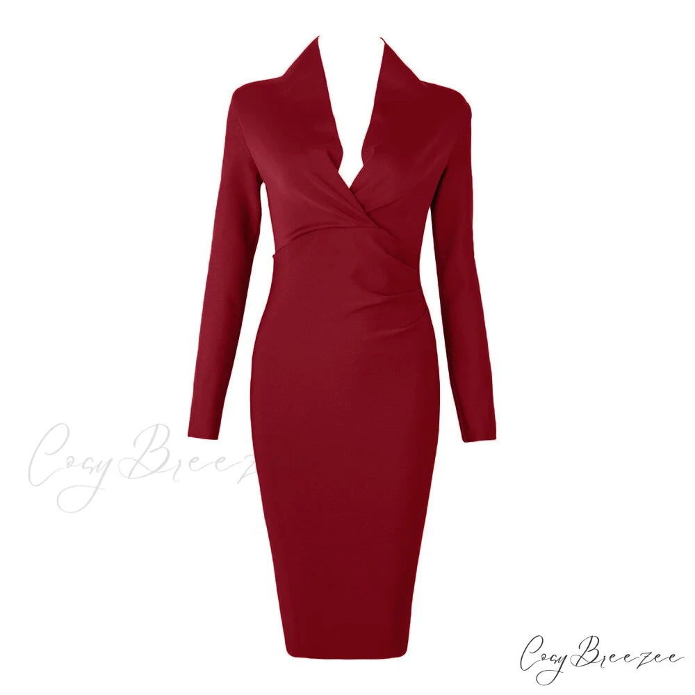 Women’s Full Gown Celebrity Club Gown - V Bodycon Warm-Season Vestidos Deep Bandage Evening Neck with for Sleeves Party