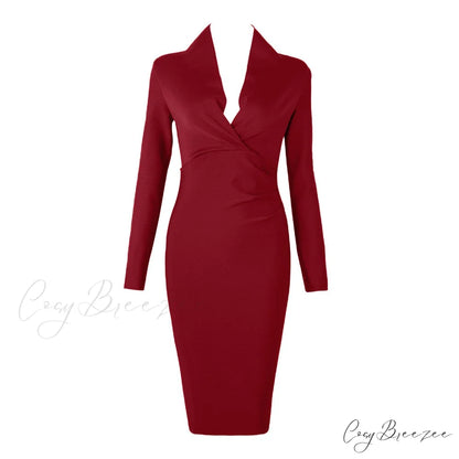 Women’s Full Gown Celebrity Club Gown - V Bodycon Warm-Season Vestidos Deep Bandage Evening Neck with for Sleeves Party
