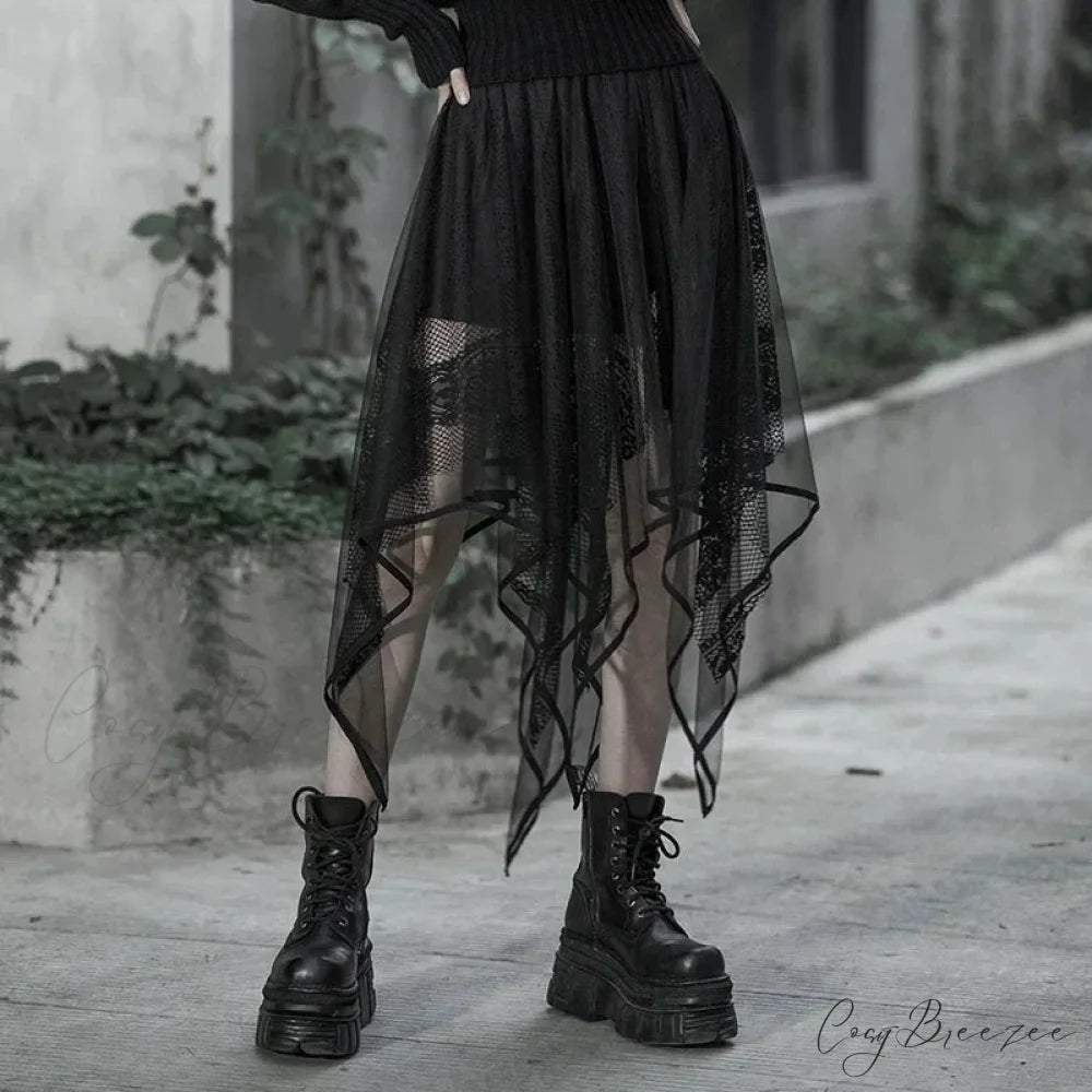 Women’s Gothic Mesh Irregular Female Black Lace Hollow Out Summer Fashion Skirt BLACK / XS-S