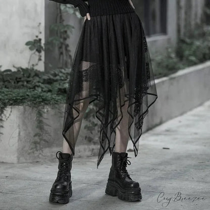Women’s Gothic Mesh Irregular Female Black Lace Hollow Out Summer Fashion Skirt BLACK / XS-S
