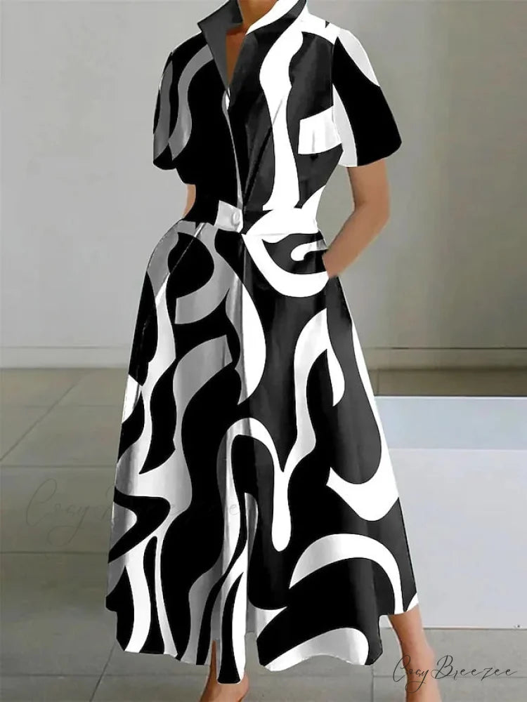 Women’s Gown Neckline Button with Full-Length Casual and Blouse Pocket Black And White / S
