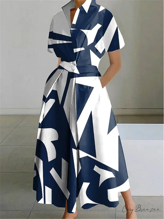 Women’s Gown Neckline Button with Full-Length Casual and Blouse Pocket Navy Blue / S