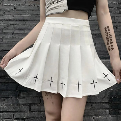 Women’s High Waist Gothic Mini Ladies Cross Pattern Mini Pleated Dark Style Skirt WHITE / S