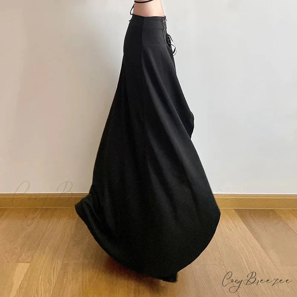 Women’s High Waist Layered Ruffle Maxi Cake Elegant Party Wedding Guest Y2K Solid Vintage Black A Line Skirt