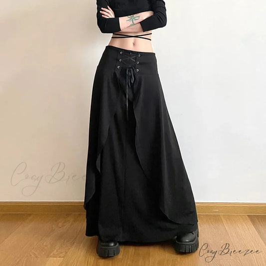 Women’s High Waist Layered Ruffle Maxi Cake Elegant Party Wedding Guest Y2K Solid Vintage Black A Line Skirt